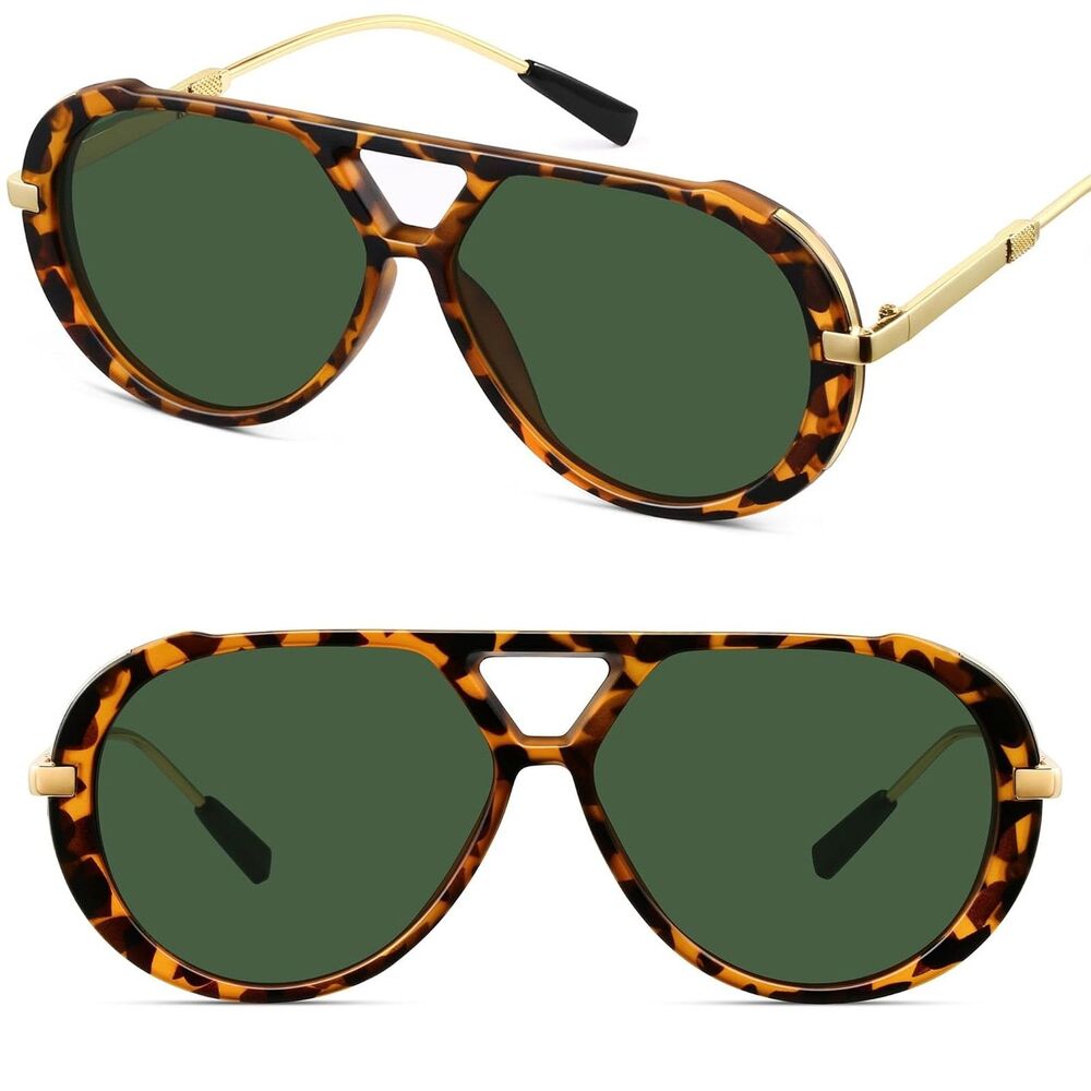 Women's Tortoise Green Oversized Square Pilot Retro 70s Chic Fashion Sunglasses
